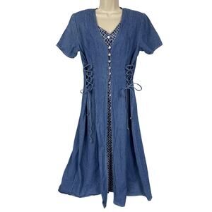 Vintage Bentley Dress Size 14 Denim Lace Up Corset Button Front Boho Western 90s